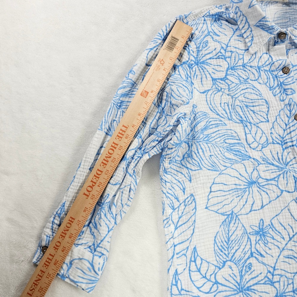 Ocean Drive Womens Blue White Tropical Floral Cotton Gauze Button Down Shirt M - Picture 4 of 6